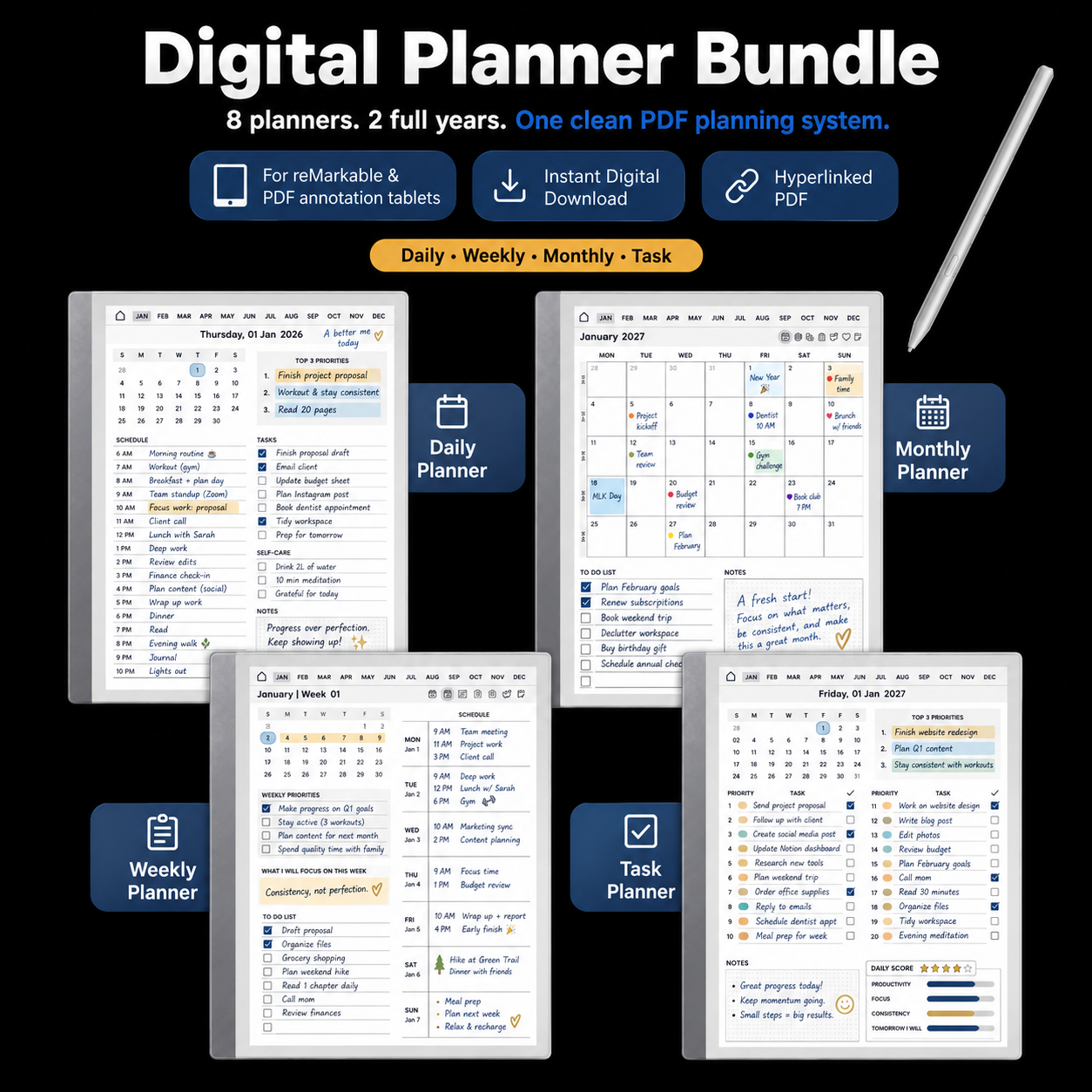 Digital Planner Bundle for reMarkable2 | Daily, Weekly, Monthly & Task
