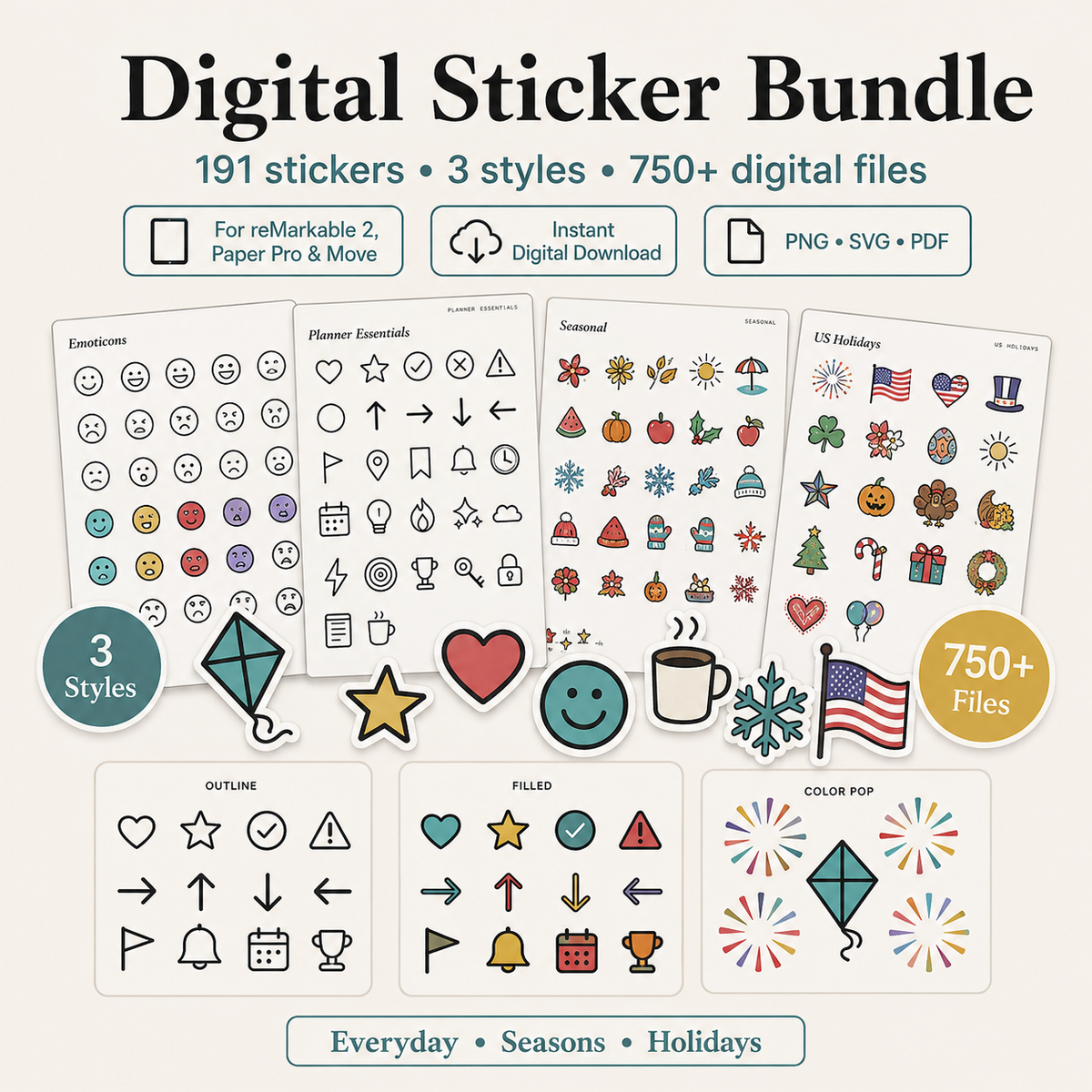 Digital Sticker Bundle for reMarkable2 | 191 Stickers • Seasons, Holidays & Everyday