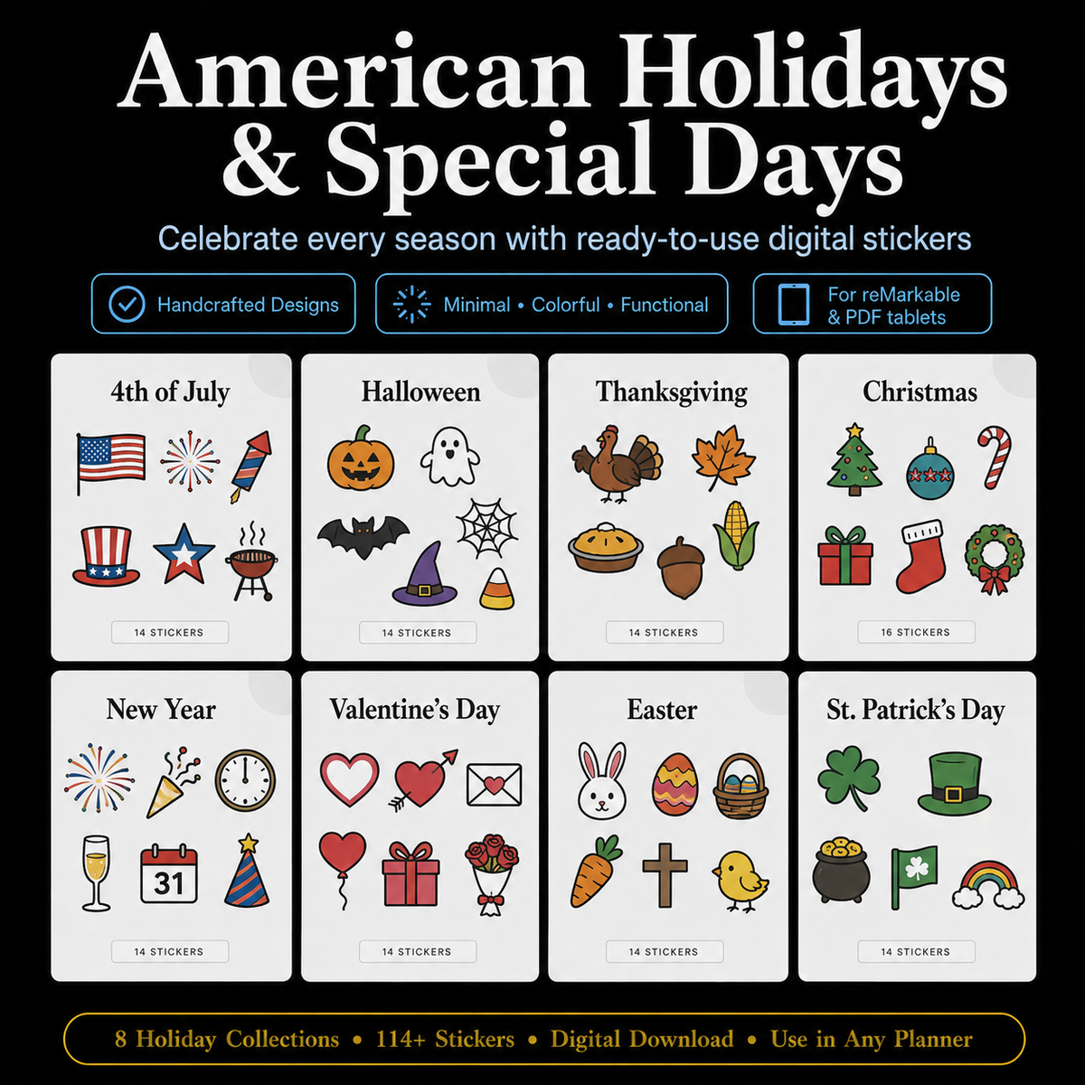 Digital Sticker Bundle for reMarkable2 | 191 Stickers • Seasons, Holidays & Everyday