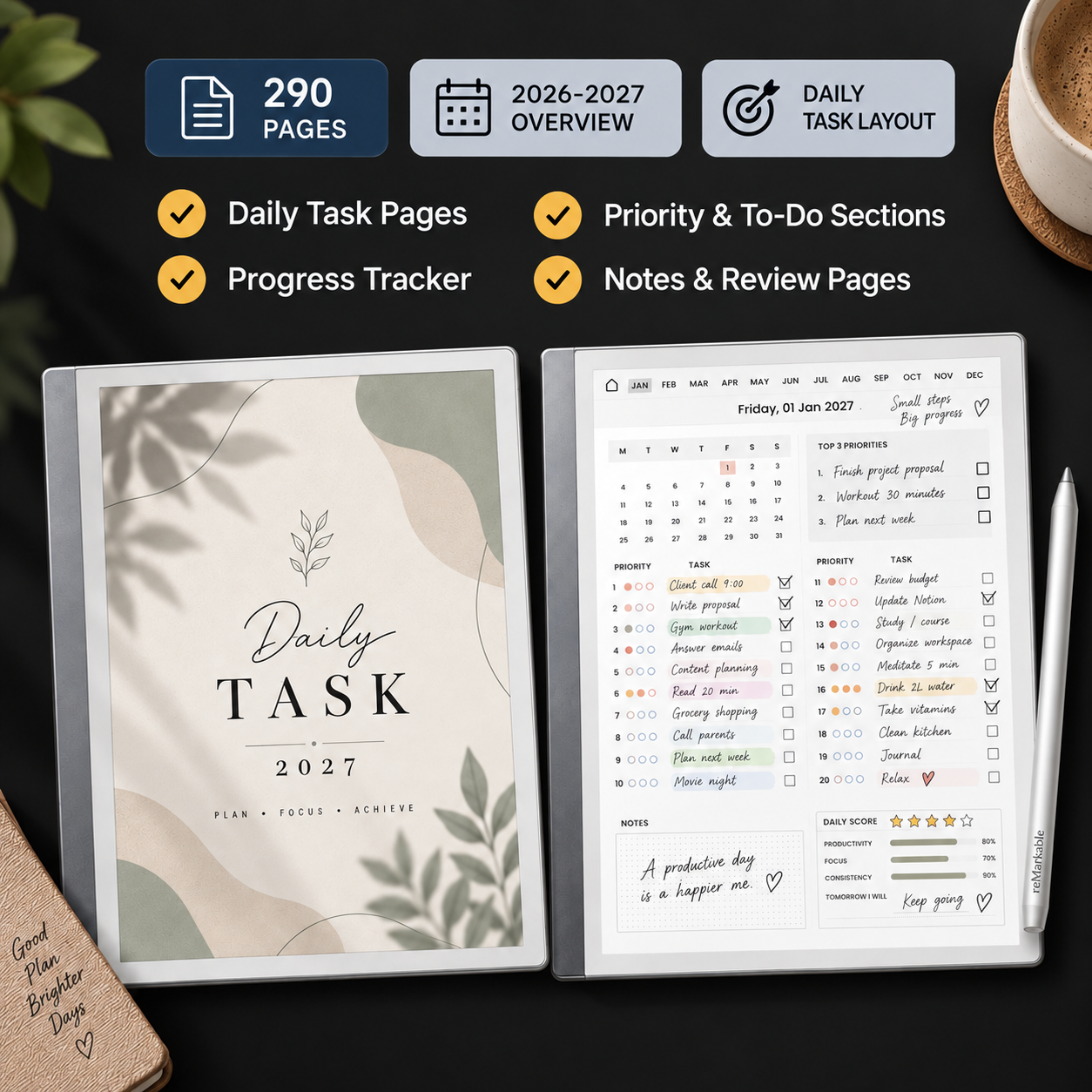 Digital Planner Bundle for reMarkable2 | Daily, Weekly, Monthly & Task