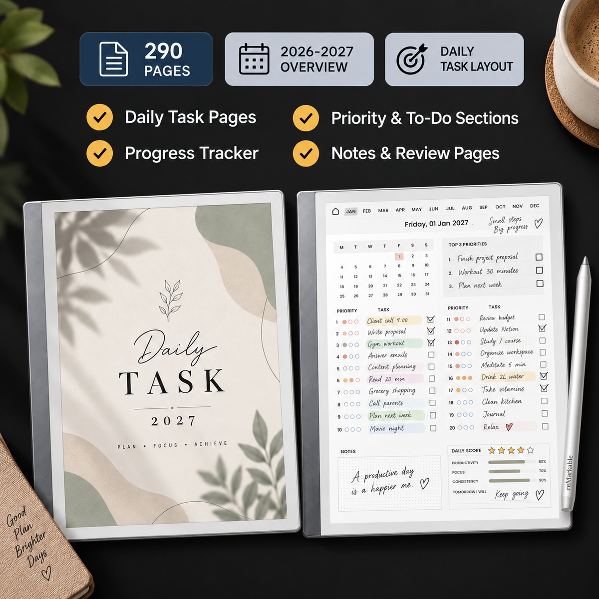 Digital Planner Bundle for reMarkable2 | Daily, Weekly, Monthly & Task
