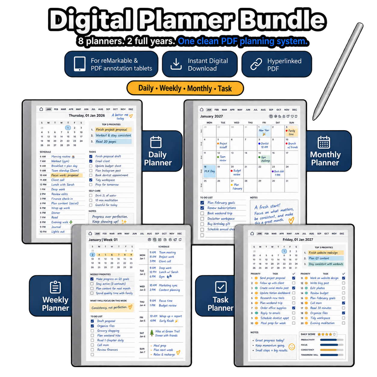 Digital Planner Bundle for reMarkable | Daily, Weekly, Monthly & Task