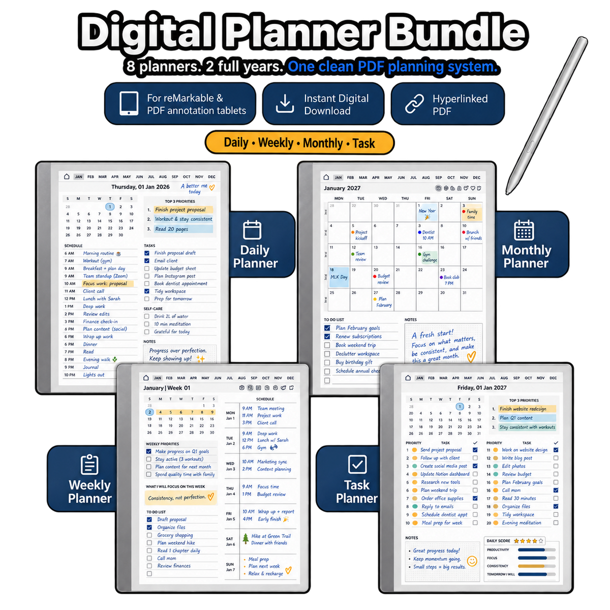 Digital Planner Bundle for reMarkable | Daily, Weekly, Monthly & Task