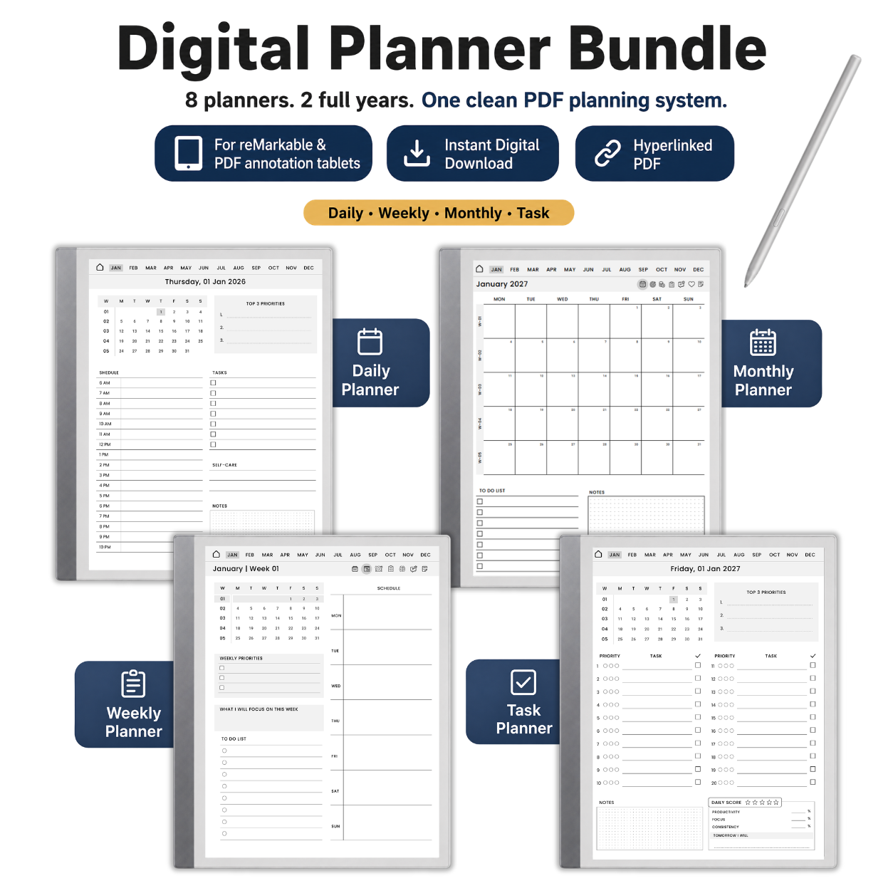Digital Planner Bundle 2026-2027 | Daily, Weekly, Monthly & Task